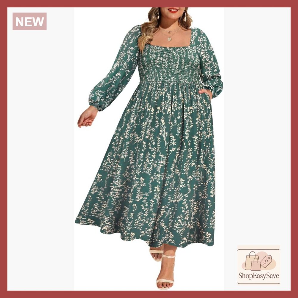 Floral Maxi Dress Long Sleeve Smocked High Waist Pockets Elegant Casual Wear